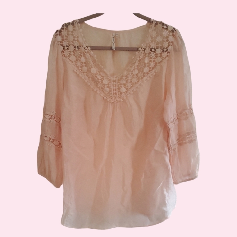 Grand & Greene 3/4 Sleeve Boho SEMI Sheer Peach/Pink  Crinkle Lace Trim Size XL